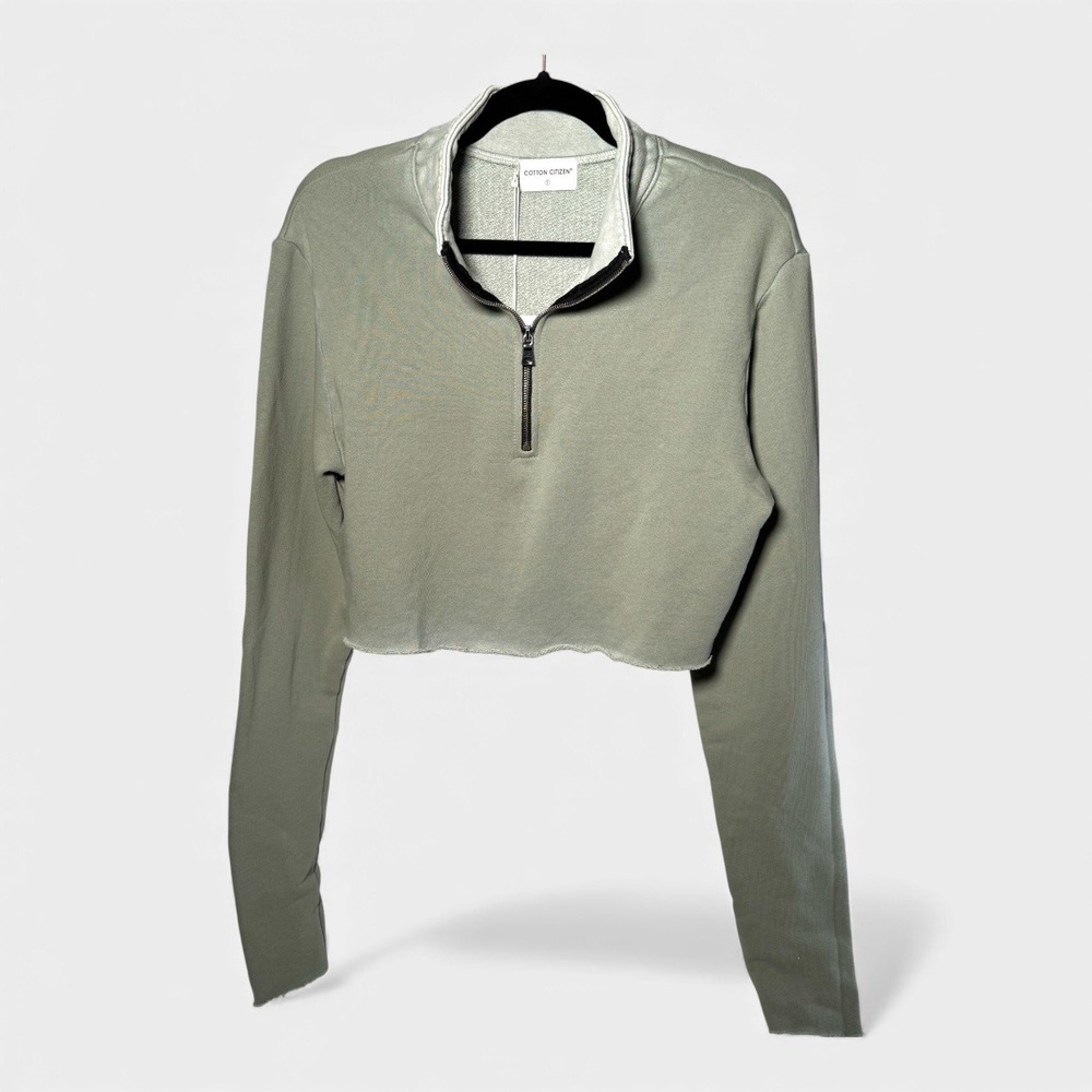COTTON CITIZEN Cropped Quarter Zip‎ Sweatshirt Light Sage Green Raw Hem Size S - Picture 8 of 8